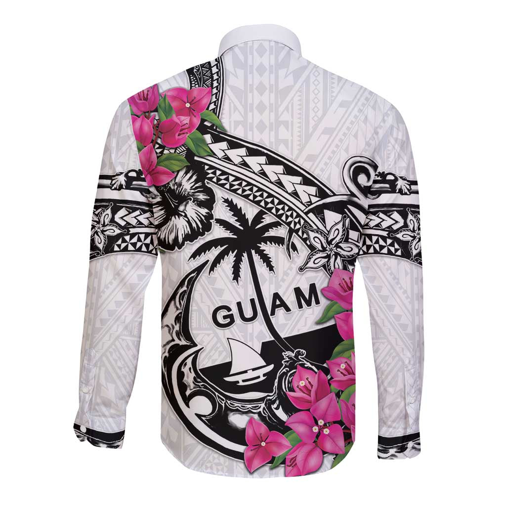 Guam Chamorro Long Sleeve Button Shirt Bougainvillea White Polynesian Tribal Pattern