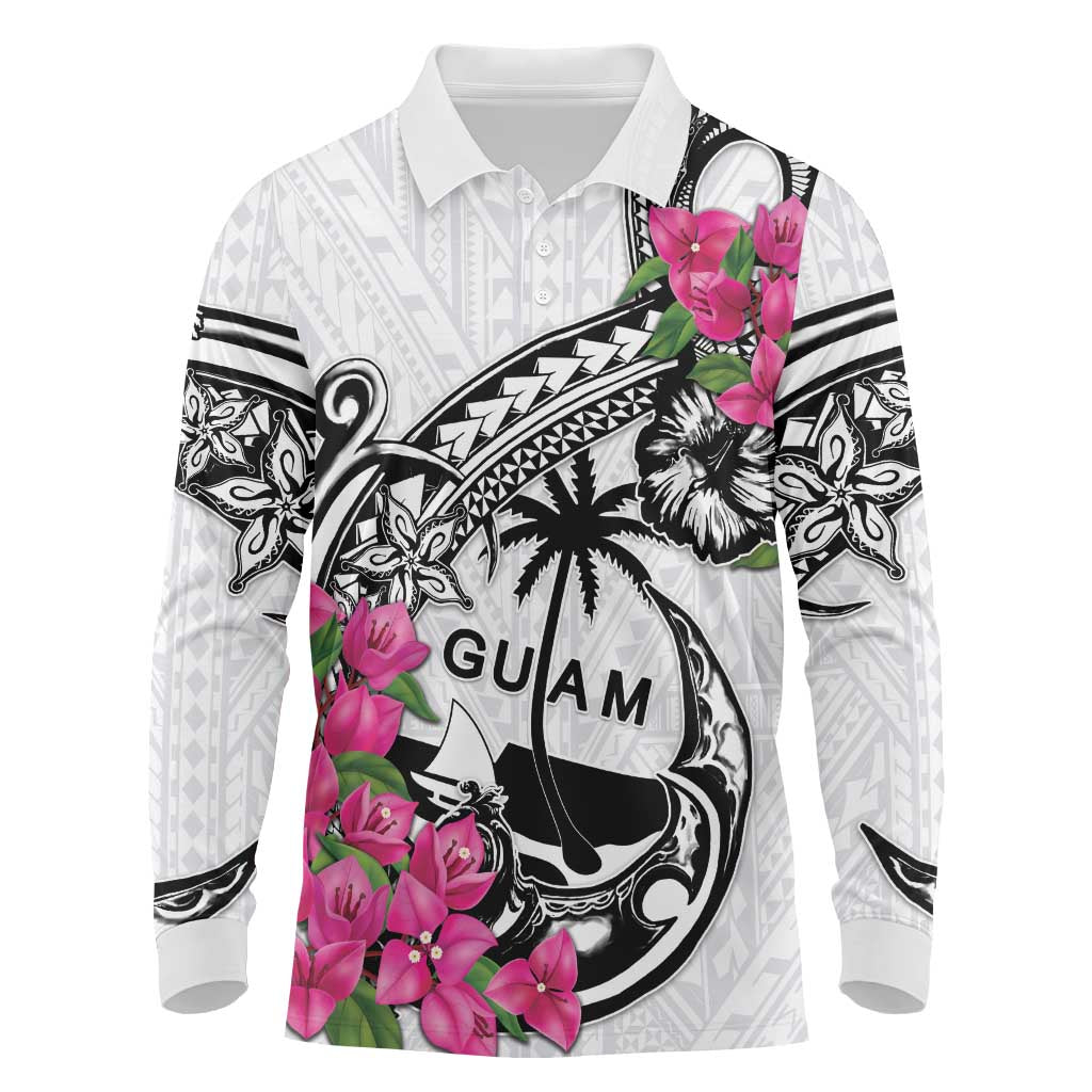 Guam Chamorro Long Sleeve Polo Shirt Bougainvillea White Polynesian Tribal Pattern