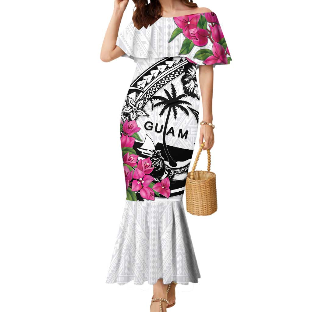 Guam Chamorro Mermaid Dress Bougainvillea White Polynesian Tribal Pattern