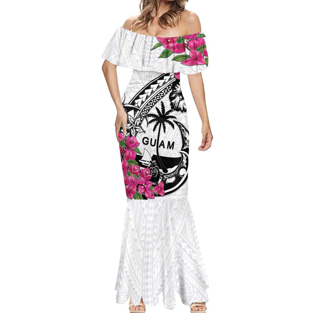 Guam Chamorro Mermaid Dress Bougainvillea White Polynesian Tribal Pattern