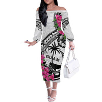 Guam Chamorro Off The Shoulder Long Sleeve Dress Bougainvillea White Polynesian Tribal Pattern