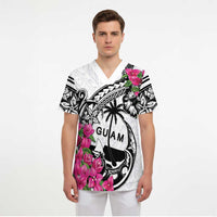 Guam Chamorro Scrub Top Bougainvillea White Polynesian Tribal Pattern - Polynesian Pride