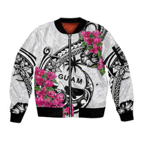 Guam Chamorro Sleeve Zip Bomber Jacket Bougainvillea White Polynesian Tribal Pattern