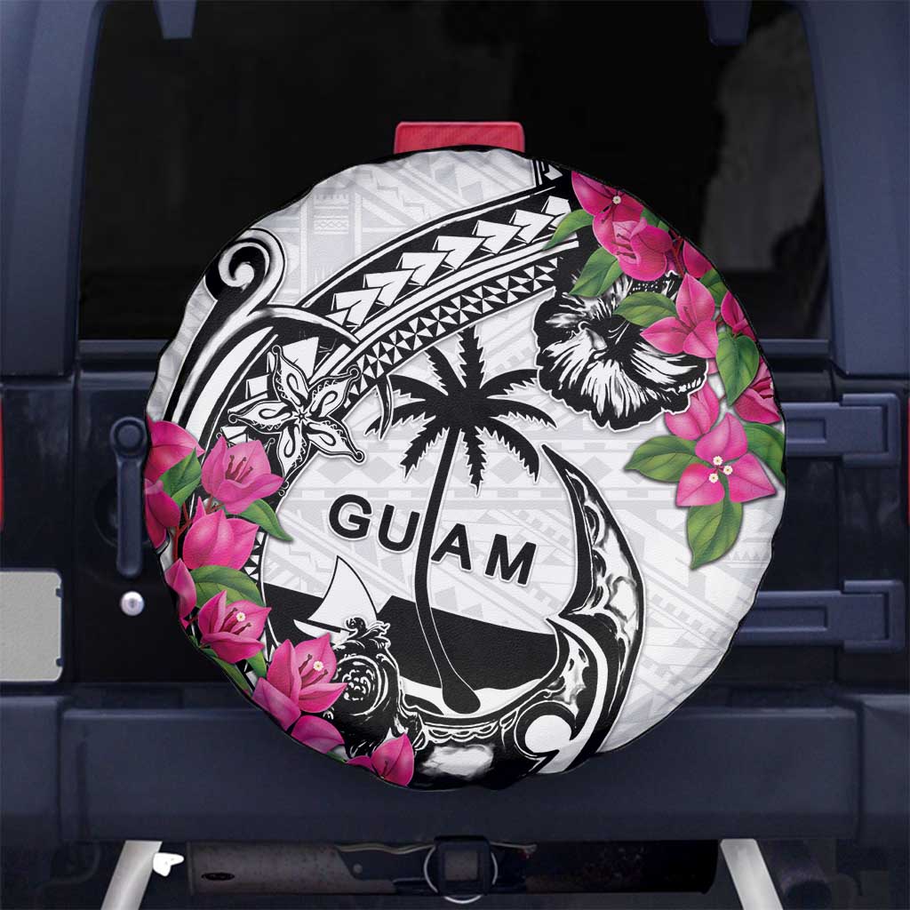 Guam Chamorro Spare Tire Cover Bougainvillea White Polynesian Tribal Pattern