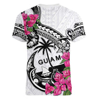 Guam Chamorro Women V-Neck T-Shirt Bougainvillea White Polynesian Tribal Pattern