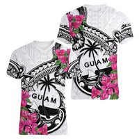 Guam Chamorro Women V-Neck T-Shirt Bougainvillea White Polynesian Tribal Pattern