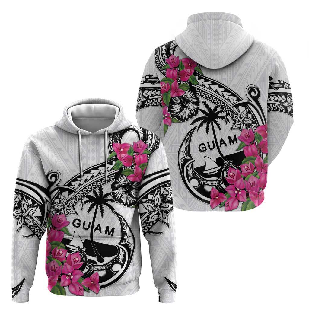 Guam Chamorro Zip Hoodie Bougainvillea White Polynesian Tribal Pattern