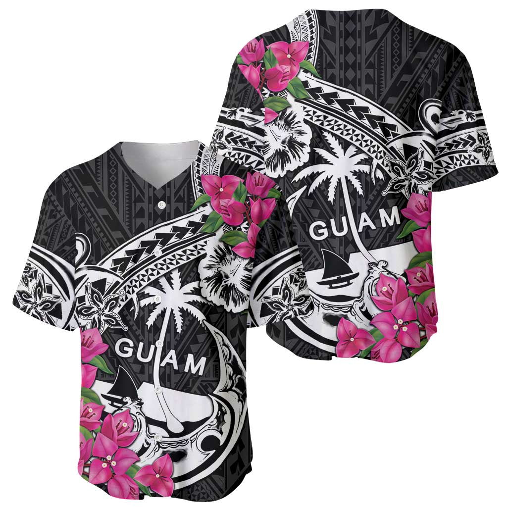 Guam Chamorro Baseball Jersey Bougainvillea Black Polynesian Tribal Pattern