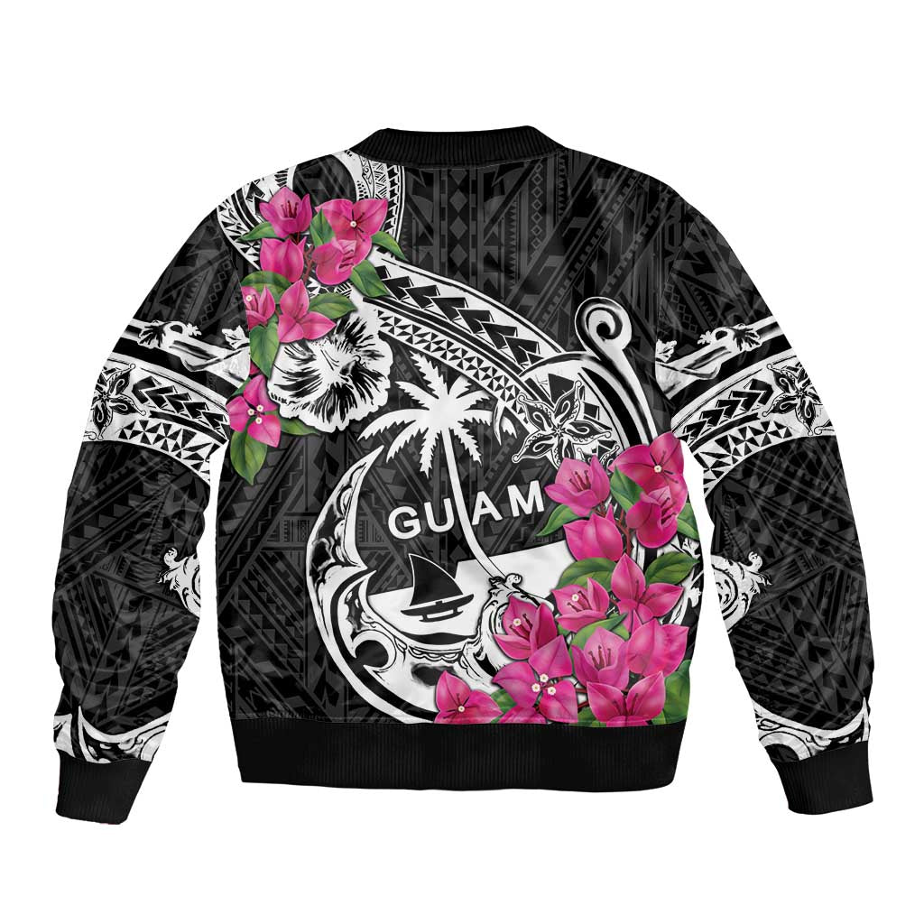 Guam Chamorro Bomber Jacket Bougainvillea Black Polynesian Tribal Pattern