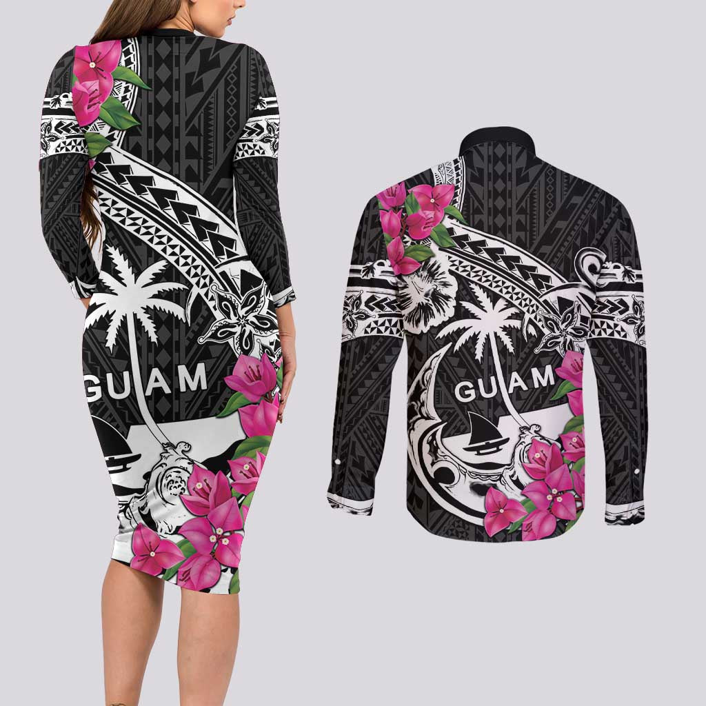 Guam Chamorro Couples Matching Long Sleeve Bodycon Dress and Long Sleeve Button Shirt Bougainvillea Black Polynesian Tribal Pattern