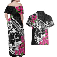 Guam Chamorro Couples Matching Off Shoulder Maxi Dress and Hawaiian Shirt Bougainvillea Black Polynesian Tribal Pattern