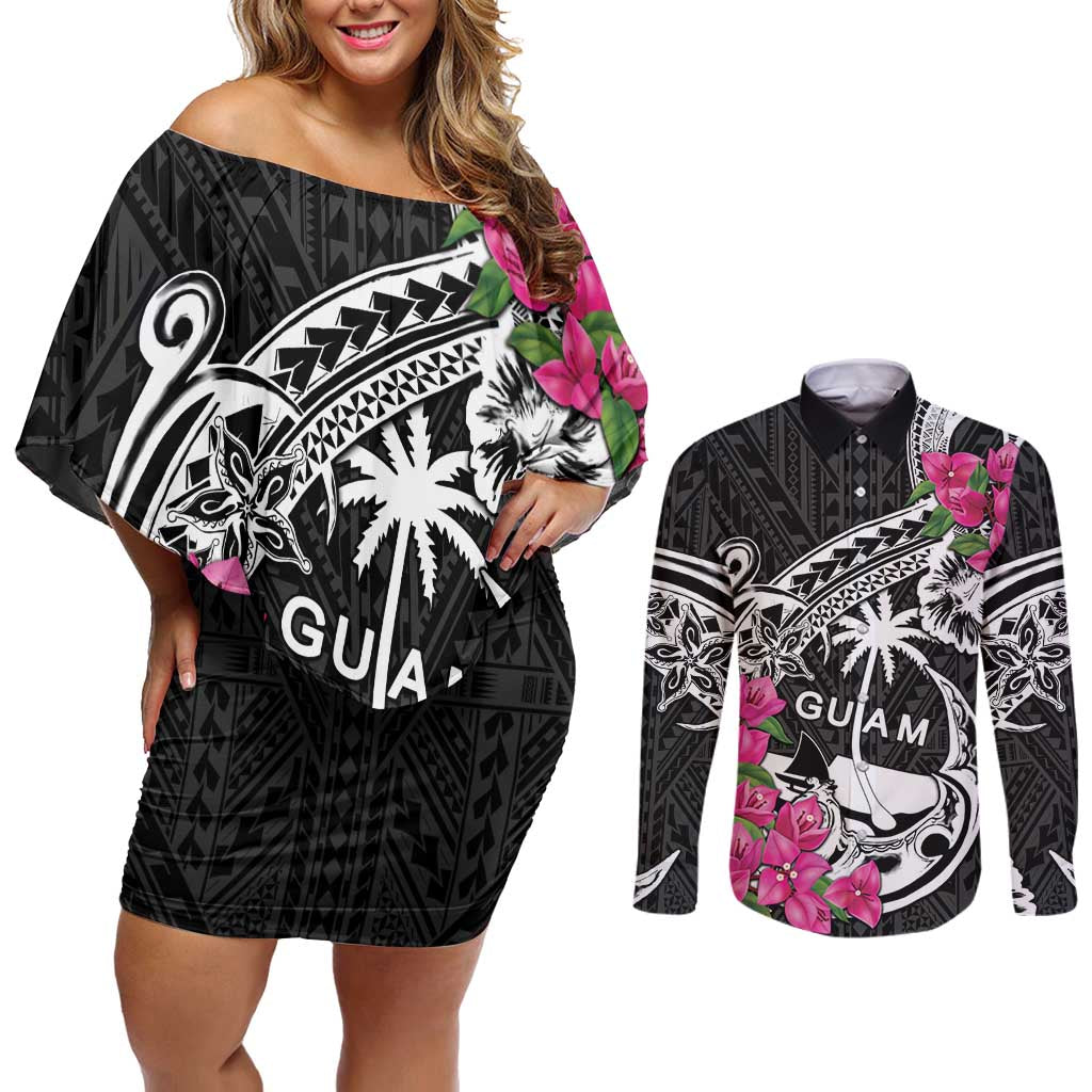 Guam Chamorro Couples Matching Off Shoulder Short Dress and Long Sleeve Button Shirt Bougainvillea Black Polynesian Tribal Pattern