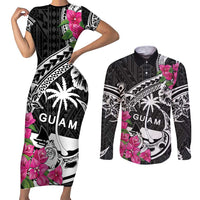 Guam Chamorro Couples Matching Short Sleeve Bodycon Dress and Long Sleeve Button Shirt Bougainvillea Black Polynesian Tribal Pattern