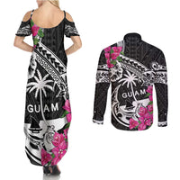 Guam Chamorro Couples Matching Summer Maxi Dress and Long Sleeve Button Shirt Bougainvillea Black Polynesian Tribal Pattern