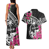 Guam Chamorro Couples Matching Tank Maxi Dress and Hawaiian Shirt Bougainvillea Black Polynesian Tribal Pattern