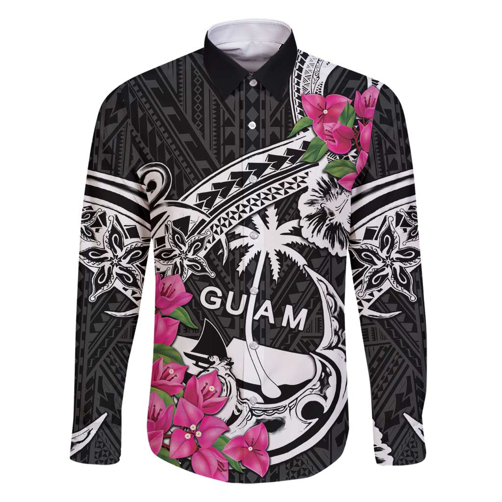Guam Chamorro Family Matching Long Sleeve Bodycon Dress and Hawaiian Shirt Bougainvillea Black Polynesian Tribal Pattern