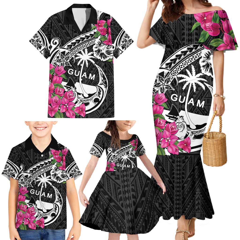 Guam Chamorro Family Matching Mermaid Dress and Hawaiian Shirt Bougainvillea Black Polynesian Tribal Pattern