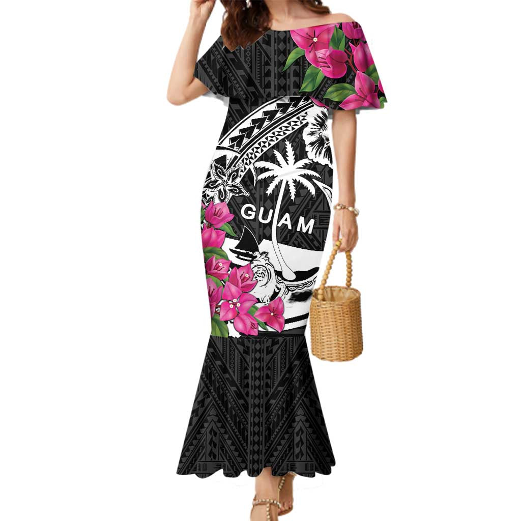 Guam Chamorro Family Matching Mermaid Dress and Hawaiian Shirt Bougainvillea Black Polynesian Tribal Pattern