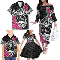 Guam Chamorro Family Matching Off The Shoulder Long Sleeve Dress and Hawaiian Shirt Bougainvillea Black Polynesian Tribal Pattern