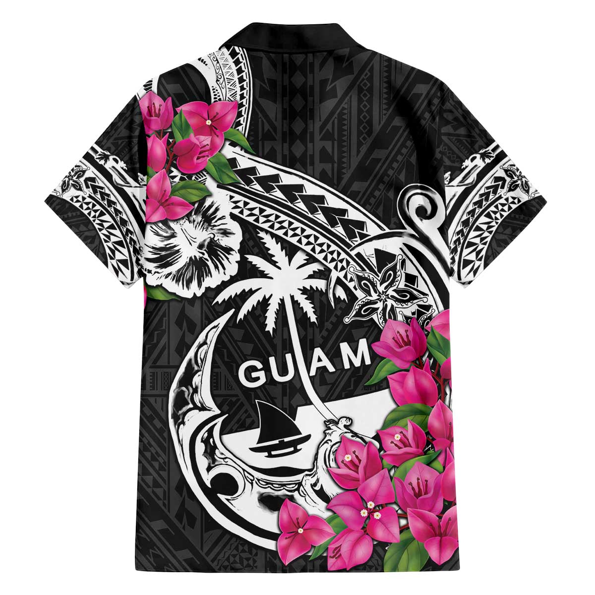Guam Chamorro Family Matching Off The Shoulder Long Sleeve Dress and Hawaiian Shirt Bougainvillea Black Polynesian Tribal Pattern