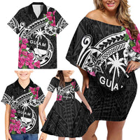 Guam Chamorro Family Matching Off Shoulder Short Dress and Hawaiian Shirt Bougainvillea Black Polynesian Tribal Pattern
