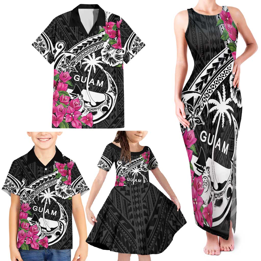 Guam Chamorro Family Matching Tank Maxi Dress and Hawaiian Shirt Bougainvillea Black Polynesian Tribal Pattern