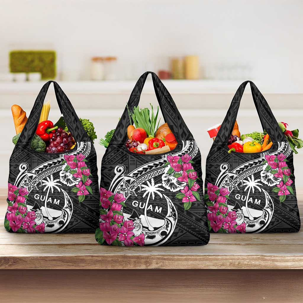 Guam Chamorro Grocery Bag Bougainvillea Black Polynesian Tribal Pattern