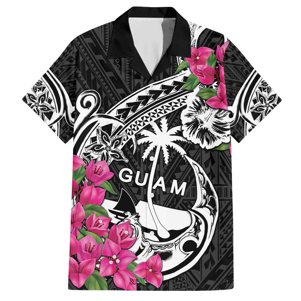 Guam Chamorro Hawaiian Shirt Bougainvillea Black Polynesian Tribal Pattern