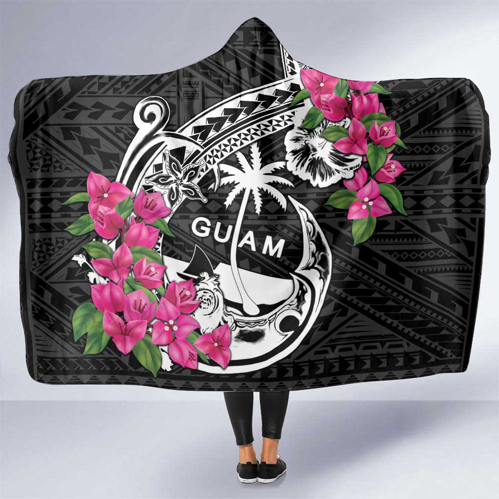 Guam Chamorro Hooded Blanket Bougainvillea Black Polynesian Tribal Pattern
