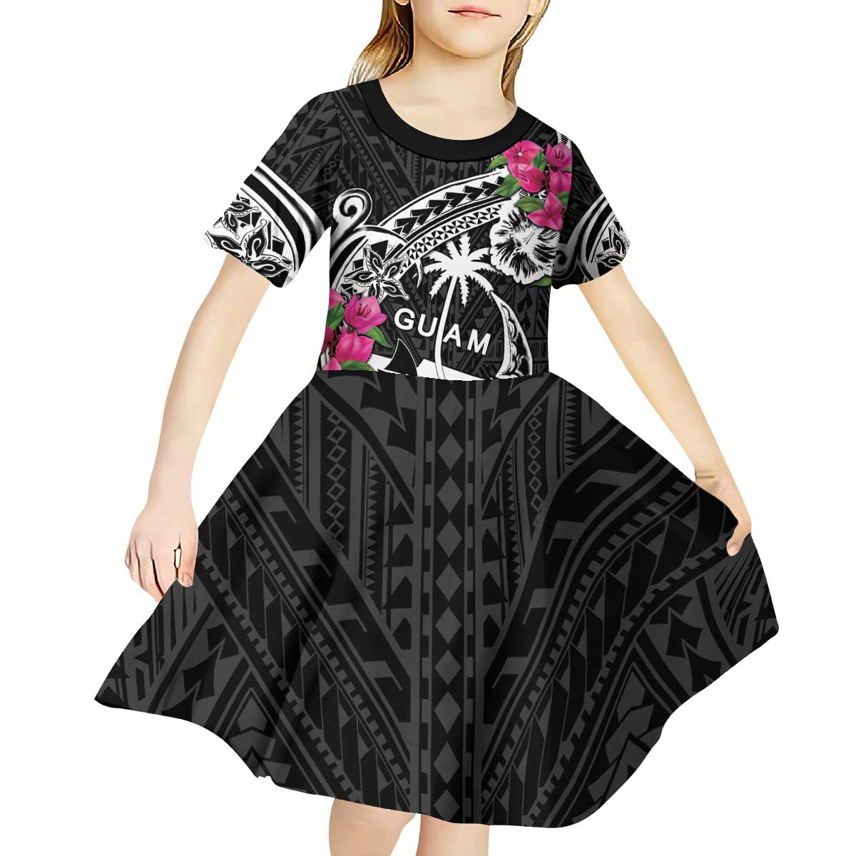 Guam Chamorro Kid Short Sleeve Dress Bougainvillea Black Polynesian Tribal Pattern