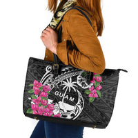Guam Chamorro Leather Tote Bag Bougainvillea Black Polynesian Tribal Pattern