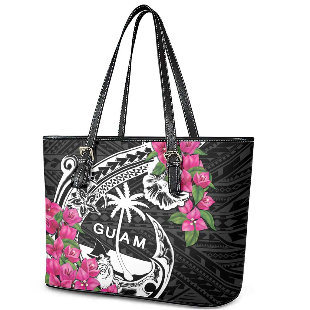 Guam Chamorro Leather Tote Bag Bougainvillea Black Polynesian Tribal Pattern