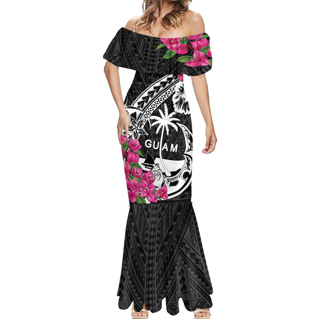 Guam Chamorro Mermaid Dress Bougainvillea Black Polynesian Tribal Pattern