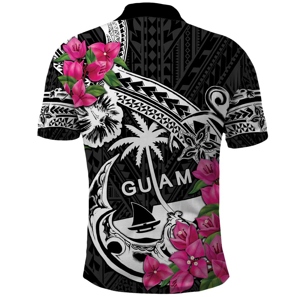 Guam Chamorro Polo Shirt Bougainvillea Black Polynesian Tribal Pattern