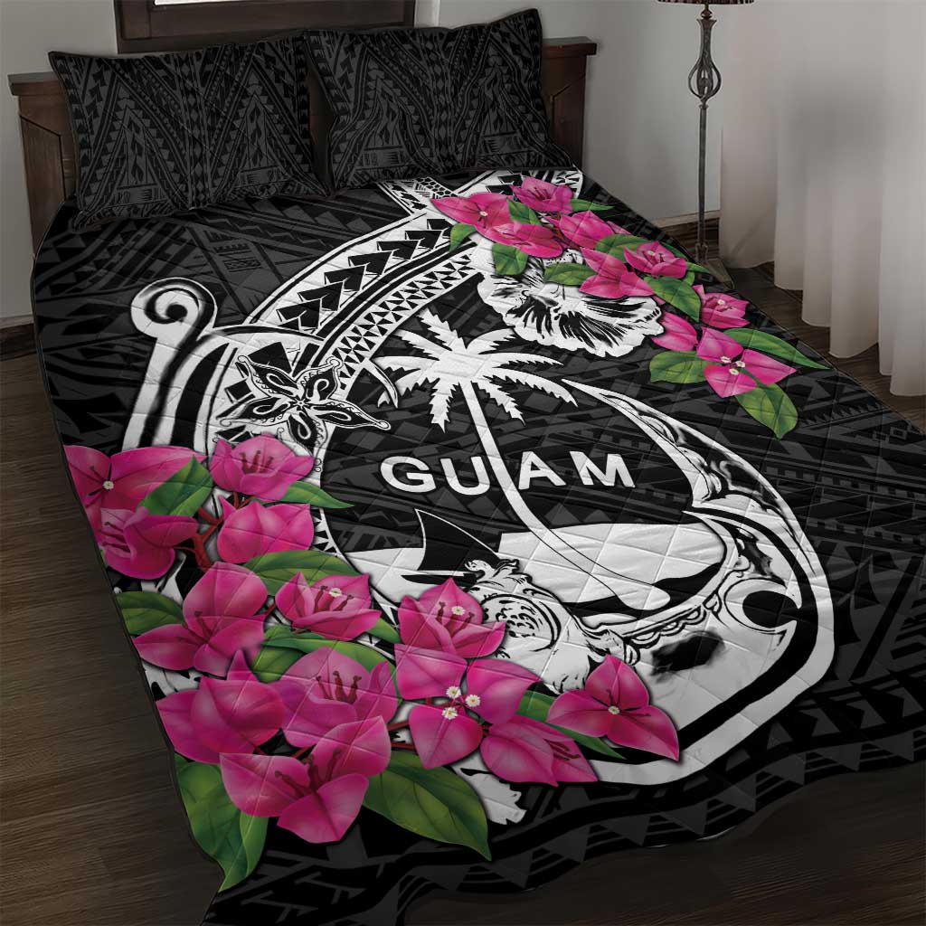 Guam Chamorro Quilt Bed Set Bougainvillea Black Polynesian Tribal Pattern