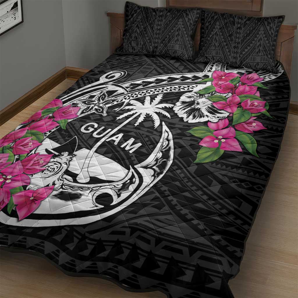 Guam Chamorro Quilt Bed Set Bougainvillea Black Polynesian Tribal Pattern