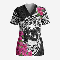 Guam Chamorro Scrub Top Bougainvillea Black Polynesian Tribal Pattern - Polynesian Pride