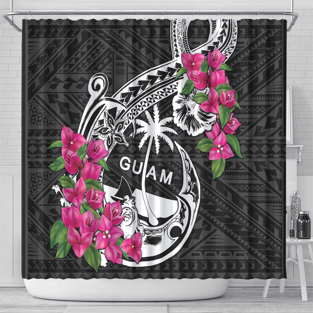 Guam Chamorro Shower Curtain Bougainvillea Black Polynesian Tribal Pattern