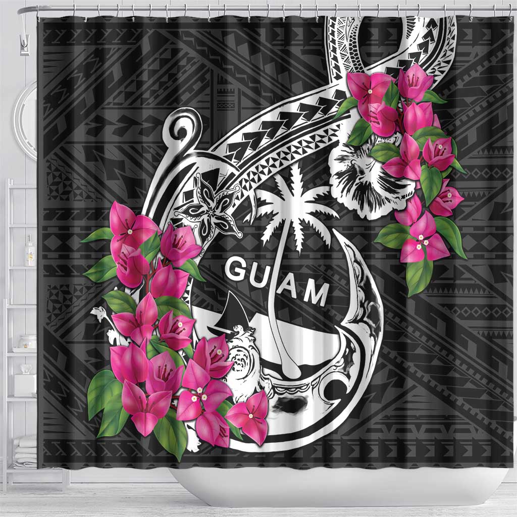 Guam Chamorro Shower Curtain Bougainvillea Black Polynesian Tribal Pattern