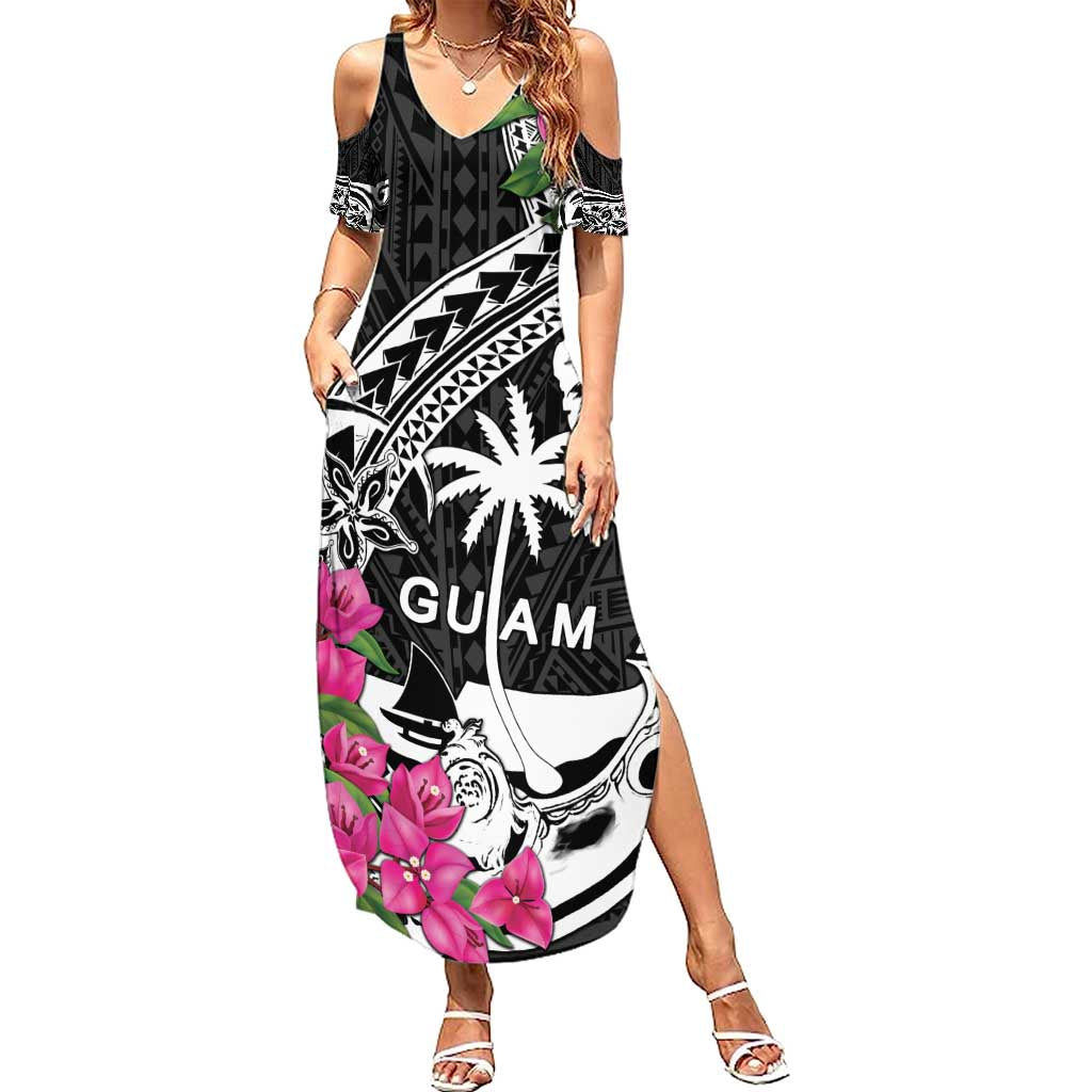 Guam Chamorro Summer Maxi Dress Bougainvillea Black Polynesian Tribal Pattern