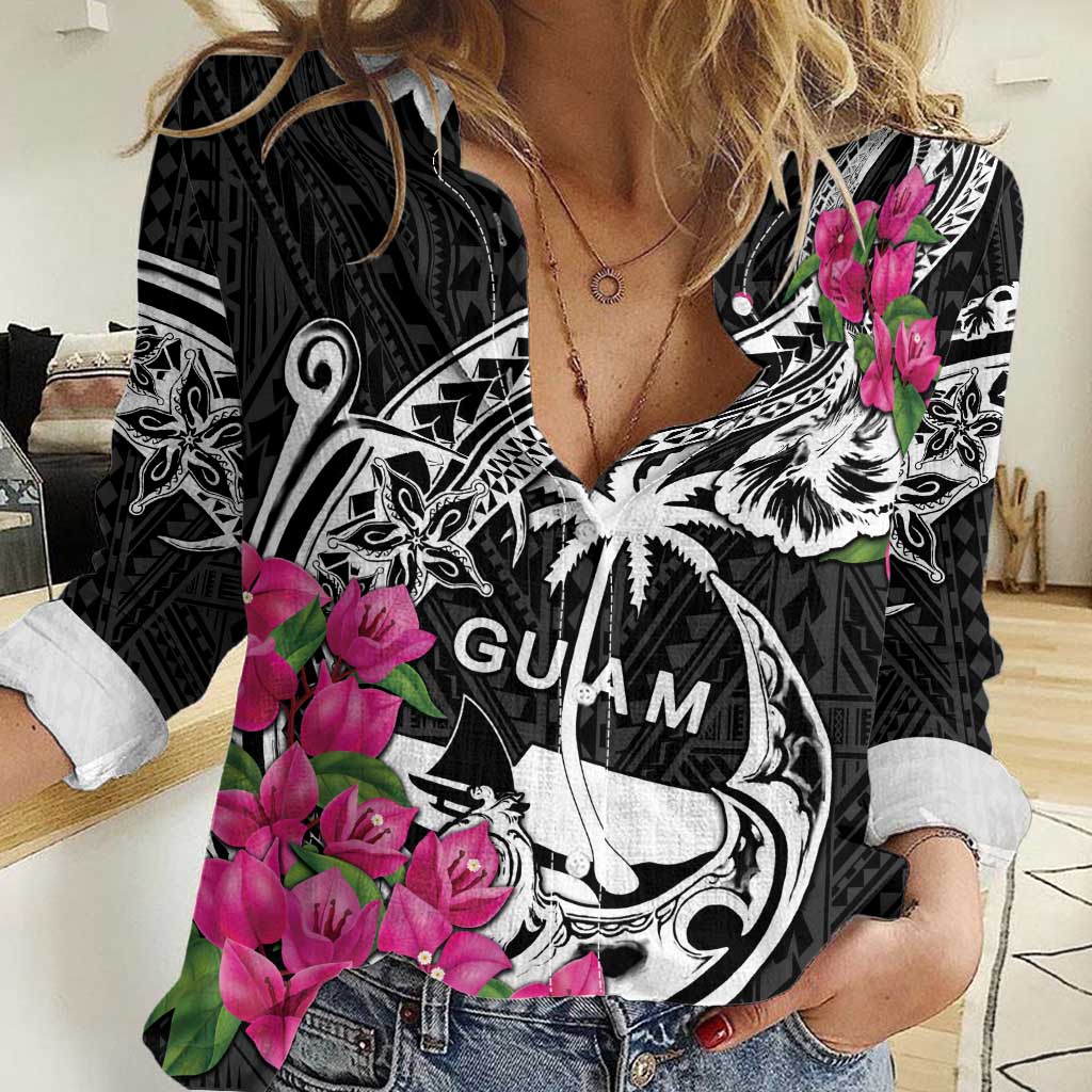 Guam Chamorro Women Casual Shirt Bougainvillea Black Polynesian Tribal Pattern
