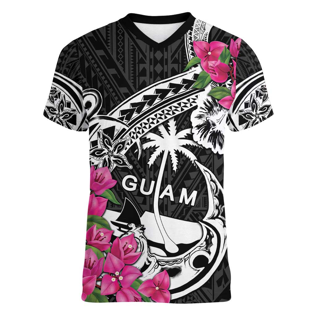 Guam Chamorro Women V-Neck T-Shirt Bougainvillea Black Polynesian Tribal Pattern