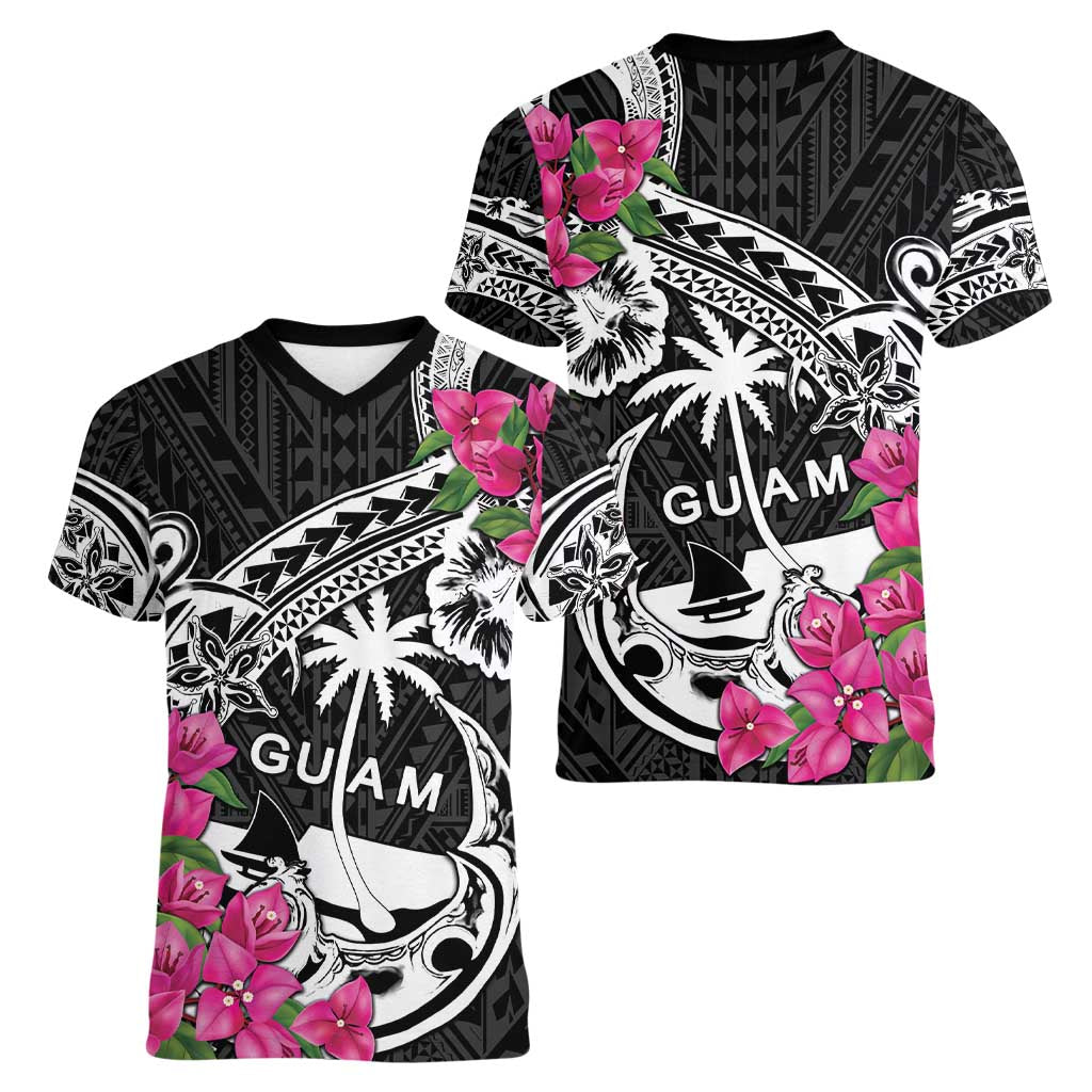 Guam Chamorro Women V-Neck T-Shirt Bougainvillea Black Polynesian Tribal Pattern