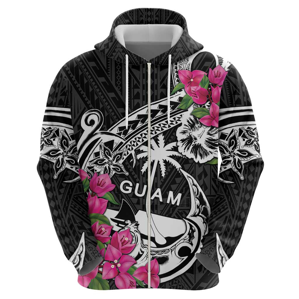 Guam Chamorro Zip Hoodie Bougainvillea Black Polynesian Tribal Pattern