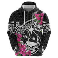 Guam Chamorro Zip Hoodie Bougainvillea Black Polynesian Tribal Pattern