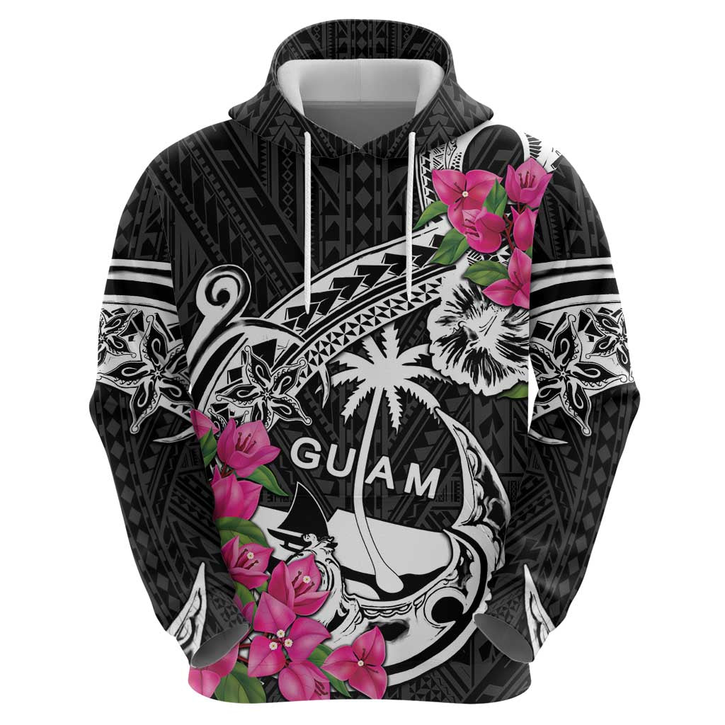 Guam Chamorro Zip Hoodie Bougainvillea Black Polynesian Tribal Pattern
