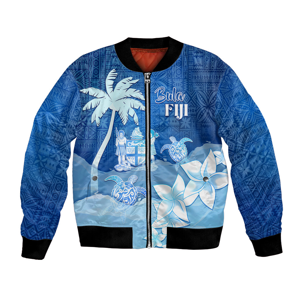Personalised Bula Fiji Bomber Jacket Fijian Masi Pattern With Blue Coat Of Arms LT05 Unisex Blue - Polynesian Pride