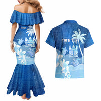 Personalised Bula Fiji Couples Matching Mermaid Dress and Hawaiian Shirt Fijian Masi Pattern With Blue Coat Of Arms LT05 - Polynesian Pride