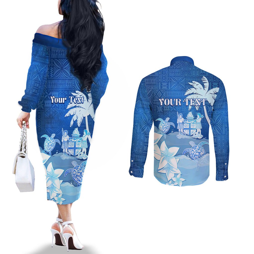 Personalised Bula Fiji Couples Matching Off The Shoulder Long Sleeve Dress and Long Sleeve Button Shirt Fijian Masi Pattern With Blue Coat Of Arms LT05 - Polynesian Pride