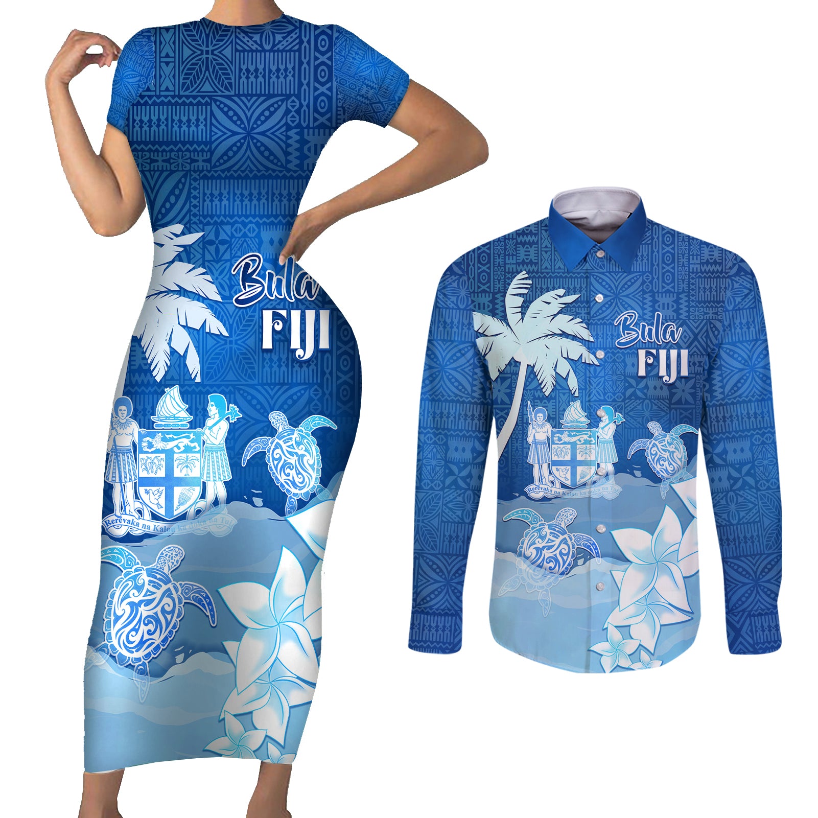 Personalised Bula Fiji Couples Matching Short Sleeve Bodycon Dress and Long Sleeve Button Shirt Fijian Masi Pattern With Blue Coat Of Arms LT05 Blue - Polynesian Pride